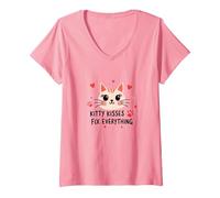 Kitty Kisses Fix Everything - Cute Cat Love V-Neck T-Shirt, Women, Pink, S