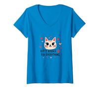 Kitty Kisses Fix Everything - Cute Cat Love V-Neck T-Shirt, Women, Sapphire, M