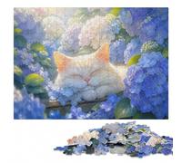 Kitty Sleep in Hydrangeas Wooden Puzzle 500 Pieces | Adult Jigsaw Puzzle - shared home puzzle activity at your own pace.