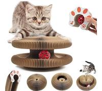 Kitty Spin Multi-Functional Cat Scratching Post, crafted from corrugated cardboard with attached balls and bells, features a foldable design suitable for both indoor and outdoor environments. It serve