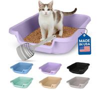 KittyGoHere Senior Cat Litter Box, Small Litter pan with Long-Handle Jumbo Scoop, Open Top Low Entrance Kitty Litters Box, Lightweight Low Entry Litter Box, Durable, Made in USA (Storybook Lavender)