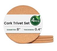 KITWILD Round Oak Cork 8 Inch Thick Trivets for Hot Dishes, Plates, Kitchen Countertops, 4 Pcs