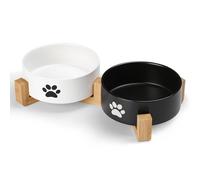 Kitwinney Large Dog Bowls, Non Slip Heavy Ceramic Dog Food and Water Bowl with Silicone Base, 8" Pet Feeding Bowl for Small, Medium, and Big Dogs (2 Bowls+ 1 Stand-Black and White, 5.1 Inches)