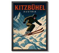 Kitzbuhel - Austria Ski Vintage Skiing Poster, Minimalist Wall Art, Mountain Travel Prints, Snow, Ski Trip Home Decor, A1 (Black Frame) - 86.9x62.4cm
