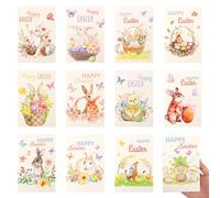 KIUEZIR 12PCS Colorful Happy Easter Cards Multipack for Grandson Granddaughter, Classic Holiday Elements Motifs, Thick & Durable Greeting Post Card Set, Easter Presents for Family