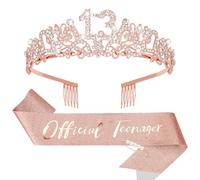 KIUEZIR 13th Birthday Crown & Sash Set in Rose Gold - Durable Alloy & Rhinestone Flowers Tiara Tiara with Non-Slip Combs, Glitter Sash & Pearl Pin for Decoration 13th Birthday