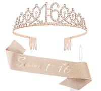KIUEZIR 16th Birthday Tiara & Sash Set - Rose Gold Rhinestone Crown Headband with Comb & "Sweet 16" Glitter Sash, Milestone Birthday Accessories for Women (Daughter/Sister/Friends)