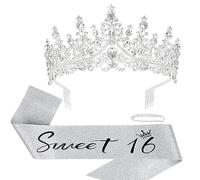 KIUEZIR 16th Silver Birthday Tiara & Sash Set - Luxury Rhinestone Crown with Side Comb & "Sweet 16" Glitter Fabric Sash, Durable Alloy Headpiece for Birthday Celebrations & Themed Parties