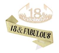 KIUEZIR 18&Fabulous Gold Birthday Tiara and Sash Set - Luxury Rhinestone & Alloy Tiara Headband with Comb & Glitter Sash, Women's Party Hair Accessories for 18th Birthday Celebrations Decorations