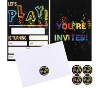KIUEZIR 20 Pack Neon Let's Play Party Invitations with Envelopes & Stickers - Vibrant Glow Style Invitation Cards for Gaming Socials, Birthday Parties & Celebratory Gatherings