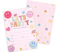 KIUEZIR 20pcs Retro Smiley Face Party Invites - Vibrant Glitter Bunting & Hearts Design, Elegant Pink Let's Party Invitation Cards for Milestone Birthdays, Disco Socials & Celebratory Gatherings