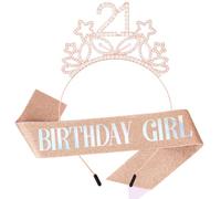 KIUEZIR 21st Birthday Headband & Sash Set in Rose Gold - Birthday Girl Glitter Sash + Sparkly Rhinestone & Alloy Headband + Pearl Brooch, Elegant Headwears for Party & Celebration Decorations