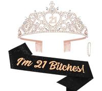 KIUEZIR 21st Birthday Tiara and Sash Set, Rose Gold Rhinestone Crown Headband with Side Comb & Black Glitter I'm 21 Sash & Pearl Pin, Elegant 21st Birthday Headwear for Women Party Decorations