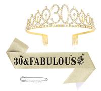 KIUEZIR 30&Fabulous Birthday Tiara & Sash Set - Rhinestone-Studded Alloy Crown with Comb & Adjustable Glitter Sash, Vintage Gold Hair Accessories for Women 30th Birthday/Anniversary/Celebration Events
