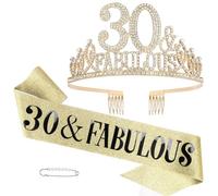 KIUEZIR 30&Fabulous Gold Birthday Tiara and Sash Set - Luxury Rhinestone & Alloy Tiara Headband with Comb & Glitter Sash, Women's Party Hair Accessories for 30th Birthday Celebrations
