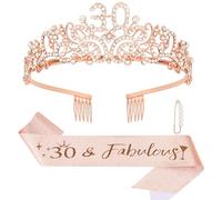 KIUEZIR 30&Fabulous Rose Gold Birthday Tiara and Sash Set - Elegant Rhinestone & Alloy 30th Crown with Comb & Adjustable Glitter Sash with Pearl Brooch, Women's 30th Birthday Party Decorations