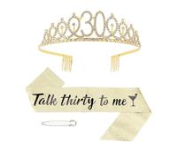 KIUEZIR 30th Birthday Tiara & Sash Set - Gold Alloy Crystal Crown with Non-Slip Comb, Glitter Fabric Talk Thirty to Me Sash for Birthday & Anniversary, Womens Celebration Party Accessories