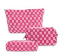 KIUEZIR 3pcs Makeup Bags, Puffy & Padded Material with Pink Plaid Pattern, Smooth Zipper and Large Capacity, Travel Cosmetic Make Up Bags, Cute Toiletries Bags for Women Ladies Birthday Present