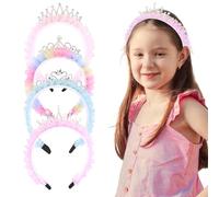 KIUEZIR 4 Packs Princess Crown Headband with Anti-Slip Teeth, Shiny Crystal Tiara Headband with Tulle in Pink/Purple/Blue/Rainbow, Cute Headwears for Birthday Parties, Weddings, Festivals