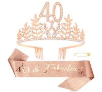 KIUEZIR 40&Fabulous Rose Gold Birthday Tiara and Sash Set - Luxury Leaf Shaped Rhinestone & Alloy Crown with Comb & Glitter Sash, Women's Birthday Party Hair Accessories for 40th Year Old Celebrations