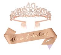KIUEZIR 40th Birthday Crown & Sash Set in Rose Gold - Durable Alloy & Rhinestone Flowers Tiara Tiara with Non-Slip Combs, Glitter Sash & Pearl Pin for Decoration 40th Birthday