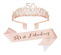 KIUEZIR 50&Fabulous Rose Gold Birthday Tiara and Sash Set - Elegant Rhinestone & Alloy 50th Crown Headband with Comb & Glitter Sash, Women's Birthday Party Hair Accessories for 50th Celebrations