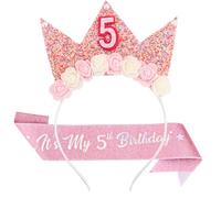 KIUEZIR 5th Birthday Headband & Sash Set in Pink - "It's My 5th Birthday" Glitter Sash and 5th Headband Crown with Flower & Pearl & Sprinkle Decor, Complete Princess Party Hair Accessories