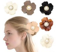 KIUEZIR 6 Pieces Medium Flower Hair Claw Clips - Glossy Finish with Pearl Accents, Strong Grip Hair Clips for Women, 6 Multi-Color Floral Hair Accessories Set for Office, Dates & Vacations