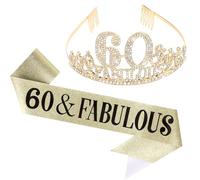 KIUEZIR 60&Fabulous Gold Birthday Tiara and Sash Set - Luxury Rhinestone & Alloy Tiara Headband with Comb & Glitter Sash, Women's Birthday Party Hair Accessories for 60th Celebrations