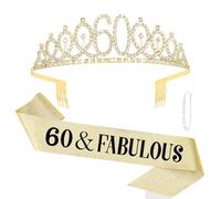 KIUEZIR 60&Fabulous Gold Birthday Tiara and Sash Set - Rhinestone & Alloy Tiara Headband with Comb & Glitter Sash, Women's 60th Party Hair Accessories for 60th Anniversary/Birthday Celebrations