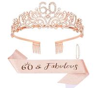 KIUEZIR 60&Fabulous Rose Gold Birthday Tiara and Sash Set - Elegant Rhinestone & Alloy 60th Crown with Comb & Adjustable Glitter Sash with Pearl Brooch, Women's 60th Birthday Party Decorations