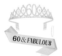 KIUEZIR 60&Fabulous Silver Birthday Tiara and Sash Set - Rhinestone & Alloy Tiara Headband with Comb & Glitter Sash, Women's 60th Party Accessories for 60th Anniversary/Birthday Celebrations