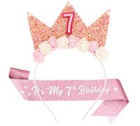KIUEZIR 7th Birthday Headband & Sash Set in Pink - "It's My 7th Birthday" Glitter Sash and 7th Headband Crown with Flower & Pearl & Sprinkle Decor, Complete Princess Party Hair Accessories