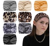 KIUEZIR 8 Packs Elastic Wide Head Bands for Women - 4 Boho Leopard Print & 4 Plain Colors with Stylish Knot Design, Gentle & Soft Fabric Hairbands for Workouts, Yoga, Running & Daily Styling