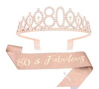 KIUEZIR 80th Birthday Tiara & Sash Set - Rose Gold Rhinestone Headband with Comb with "80 & Fabulous" Glitter Sash, Milestone Birthday Party Accessories for Women (Grandma/Mother/Friend Celebration)