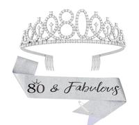 KIUEZIR 80th Birthday Tiara & Sash Set - Silver Rhinestone Headband with Comb with "80 & Fabulous" Glitter Sash, Milestone Birthday Party Accessories for Women (Grandma/Mother/Friend Celebration)
