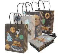 KIUEZIR Black & Gold Happy Birthday Party Paper Bags, 12 pcs Thick Kraft Paper Materials with 4 Different Designs, Birthday Party Bags with Handles for Candy, Sweets & Present Wrapping, 21 * 15 * 8cm