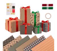 KIUEZIR Blue & Brown Birthday Wrapping Paper Sheets - Included 6 Packs Thick Kraft Paper, Tape, Stickers and Ribbons, Perfect Present Wrap Set for Mens Birthday, Christmas & Any Occasion, 50 × 70cm