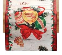 KIUEZIR Christmas Table Runner 183 x 33cm, Red Linen Xmas Tablecloth Rectangular with Festive Baubles & Holiday Elements Design, Christmas Home Table Decorations for Party, Family Dinner, Gatherings