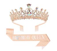 KIUEZIR Crystal Tiara and Birthday Queen Sash Set in Rose Gold - Elegant & Durable Alloy Crown Headband with Comb & Glitter Sash, Ideal Birthday Party Hair Accessories for Women Celebrations