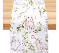 KIUEZIR Easter Table Runner 180 x 35cm, Durable Fabric Tablecloth Rectangular with Leaves & Bunnies Design, Easter Home Decorations for Dinning Table, Holiday Decor for Family Gathering & Party