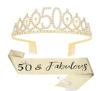 KIUEZIR Gold Birthday Tiara & Sash Set for Women - 50th Birthday Decoration - Rhinestone Headband with Comb & '50 & Fabulous' Sash