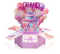 KIUEZIR Granddaughter Birthday Pop Up Card with 3D Colorful Fireworks, Balloons & Cake Design, Pop-Up Purple Greeting Card Box with Envelope for Women, Creative Decorations Birthday Celebration