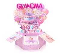KIUEZIR Grandma Birthday Pop Up Card with 3D Colorful Fireworks, Balloons & Cake Design, Pop-Up Purple Greeting Card Box with Envelope for Women, Creative Decorations Birthday Celebration