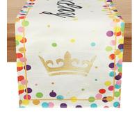 KIUEZIR Happy Birthday Table Runner 183 x 33cm, Cream Linen Tablecloth Rectangular with Colorful Polka Dots Design, Birthday Table Decorations for Party, Family Dinner & Gatherings