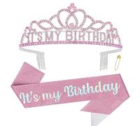 KIUEZIR It’s My Birthday Pink Tiara and Sash Set- Cute Rhinestone & Alloy Crown Headband with Comb & Glitter Sash & Adjustabel Pin, Perfect Headwears for Women's Birthday Party or Celebrations