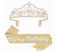KIUEZIR “It’s My Birthday” Tiara and Sash Set in Gold - Shiny Rhinestone & Alloy Crown Headband with Comb & Glitter Sash & Adjustabel Pin, Perfect Headwears for Women's Birthday Party or Celebrations