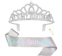 KIUEZIR “It’s My Birthday” Tiara and Sash Set in Silver- Cute Rhinestone & Alloy Crown Headband with Comb & Glitter Sash & Adjustabel Pin, Perfect Headwears for Women's Birthday Party or Celebrations