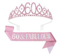 KIUEZIR Pink 60th Birthday Tiara & Sash Set - Sparkling Rhinestone Crown Headband with "60 & Fabulous" Glitter Sash, Elegant Party Headwear for Women's Milestone Celebrations & Anniversary