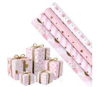 KIUEZIR Pink & White 4 Rolls Wrapping Paper- Included 4 Packs Birthday Paper Roll, Jute Strings and Stickers, Perfect Present Wrap Set for Women Birthday, Christmas & Any Occasion, 43cm × 3m